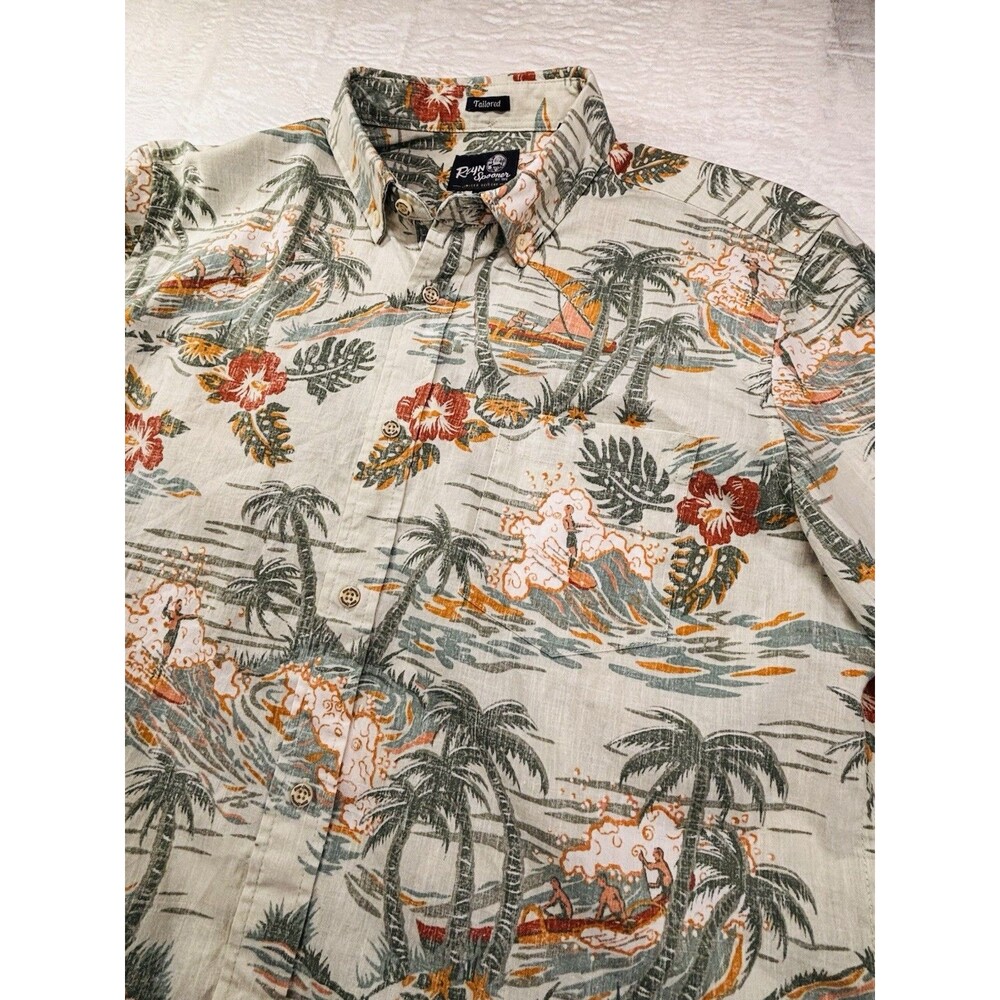 Reyn Spooner Tailored Fit Men's L Green Surfer Palms Waves Hawaiian Aloha Shirt